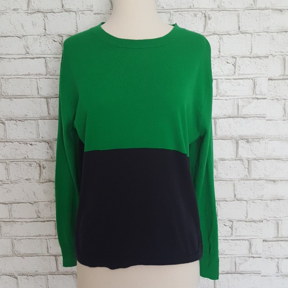 Michael Kors Colorblock Crew Neck Long Sleeve Sweater Top Green Blue XS
